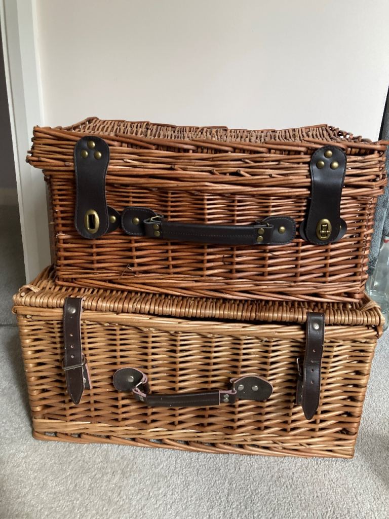 Two wicker hampers, rattan picnic basket / storage trunk 
