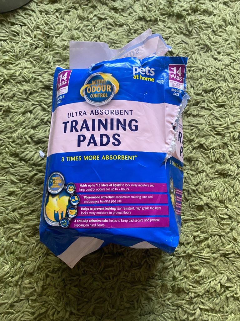 Puppy pads and dog bowls