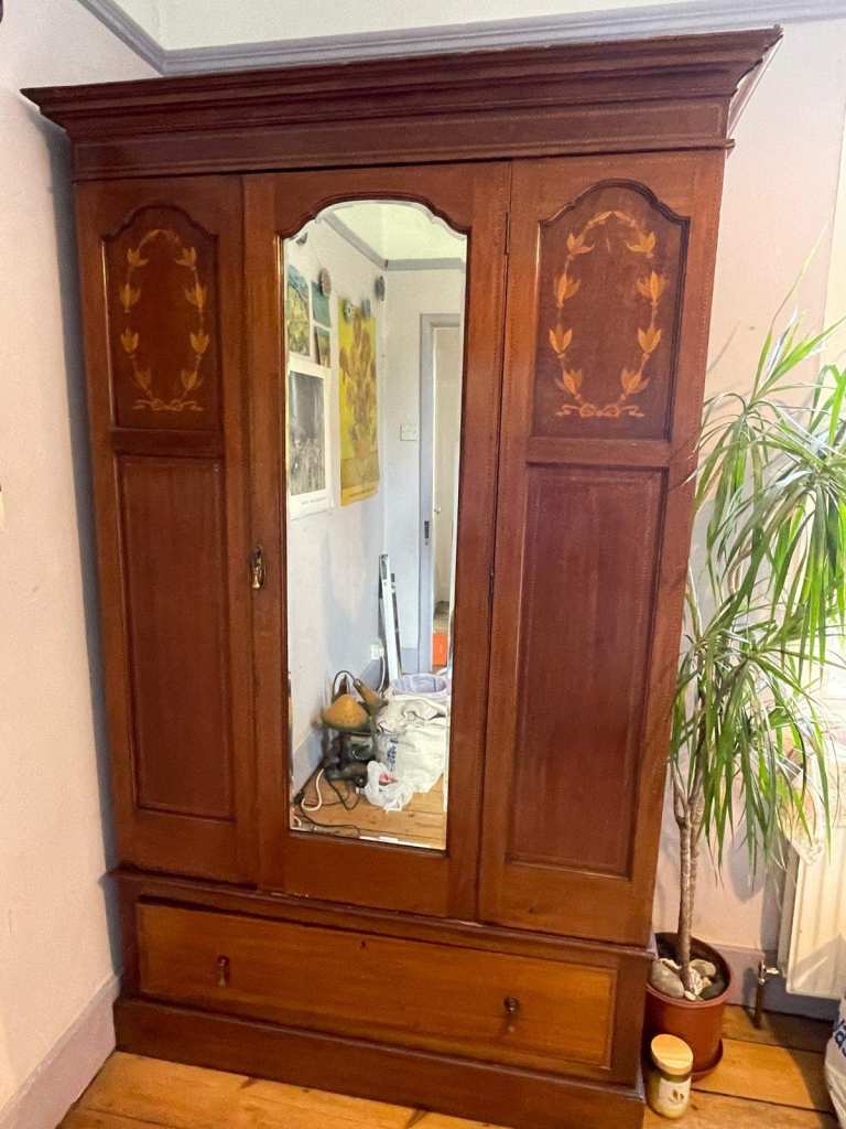 Vintage Wooden Wardrobe with Mirror and Drawer