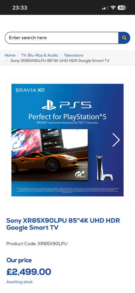 Sony XR85X90LPU 85-inch 4K HDR Full Array LED TV Ultra HD Smart Like New Retail £2499 Bargain