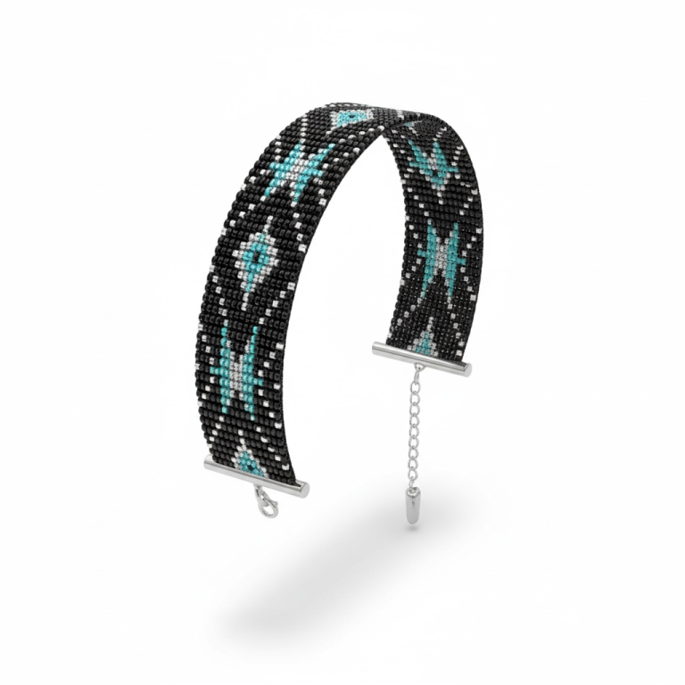 Geometric Black & Silver Beaded Loom Bracelet | Art Deco Style Delica Cuff