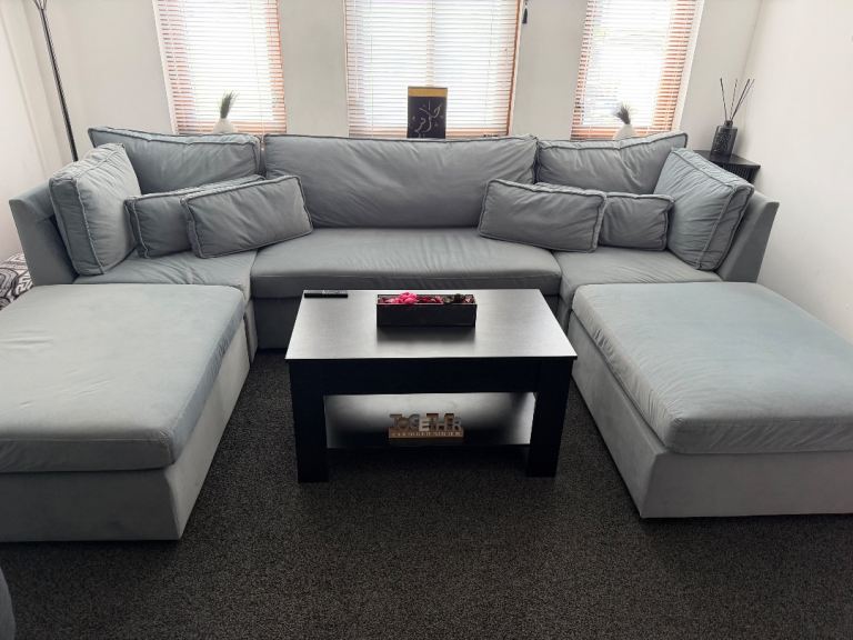 Large Grey Fabric Corner Sofa with Footstools – Good Condition