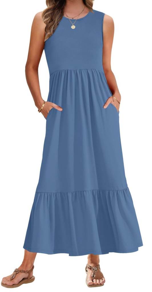 Women Summer Sun Long Maxi Dress Beach Coverup Sleeveless Tiered With Pockets BRAND NEW