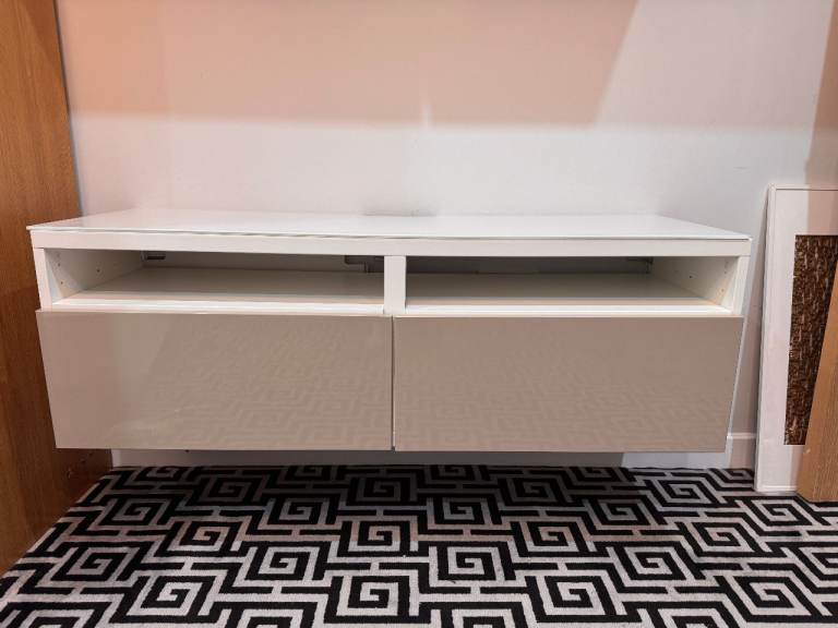 IKEA BESTÅ White High-Gloss TV Unit with Glass Top and Drawers