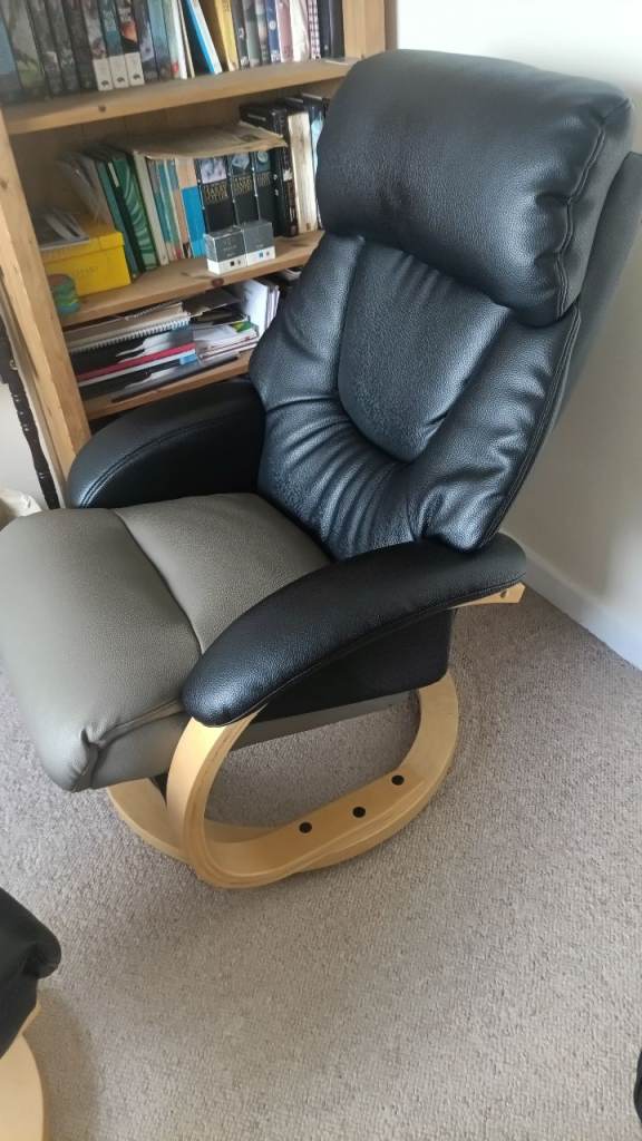 Comfortable Black Leather Recliner swivel Armchair with Footstool