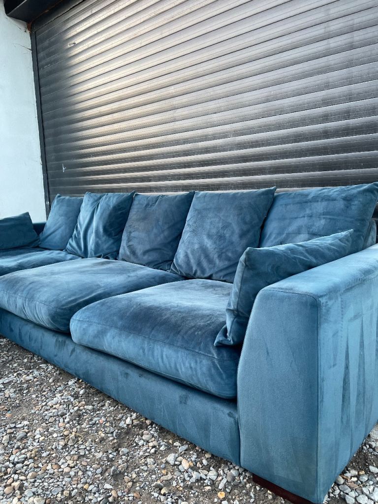 Large blue velvet DFS L shaped corner sofa - DELIVERY AVAILABLE!