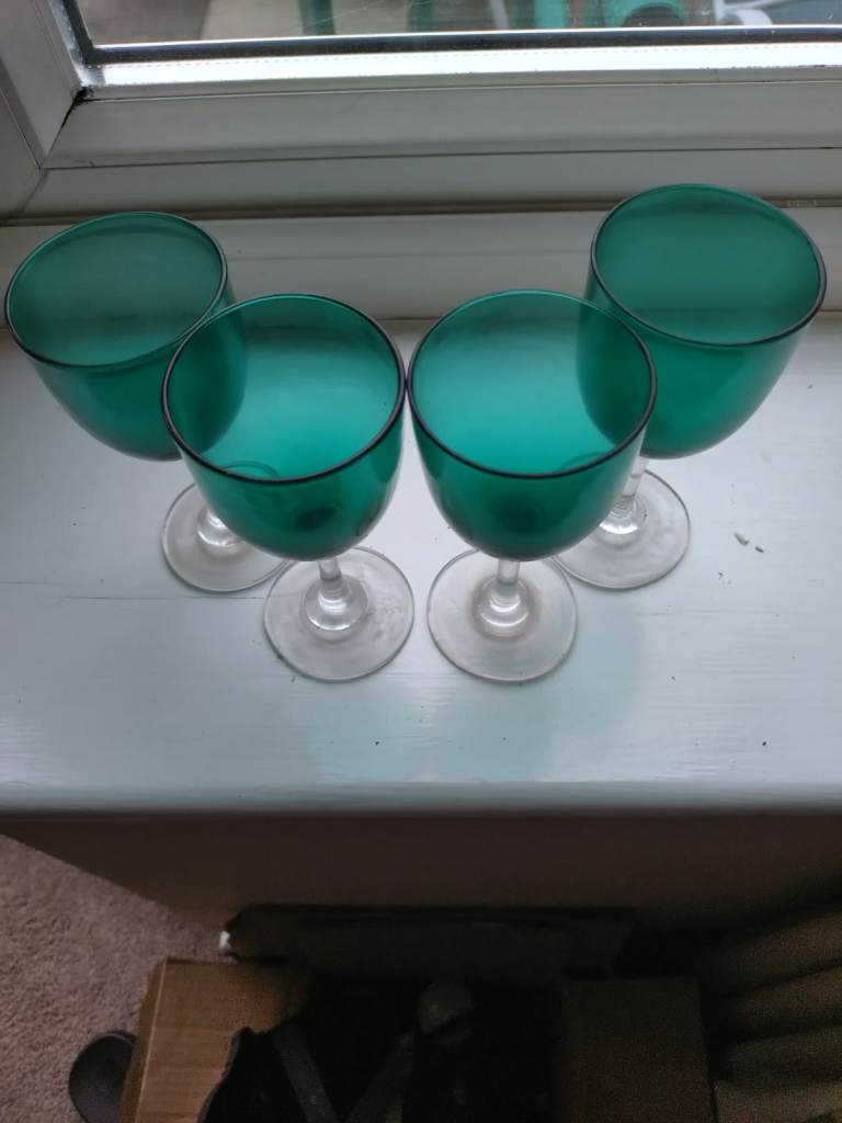 Victorian Bristol Sherry / Port Glasses Antique x 4 Teal Green VGC