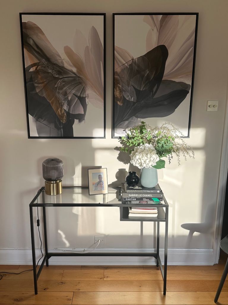 Elegant Glass Console Table – Black Metal Frame (Excellent Condition)