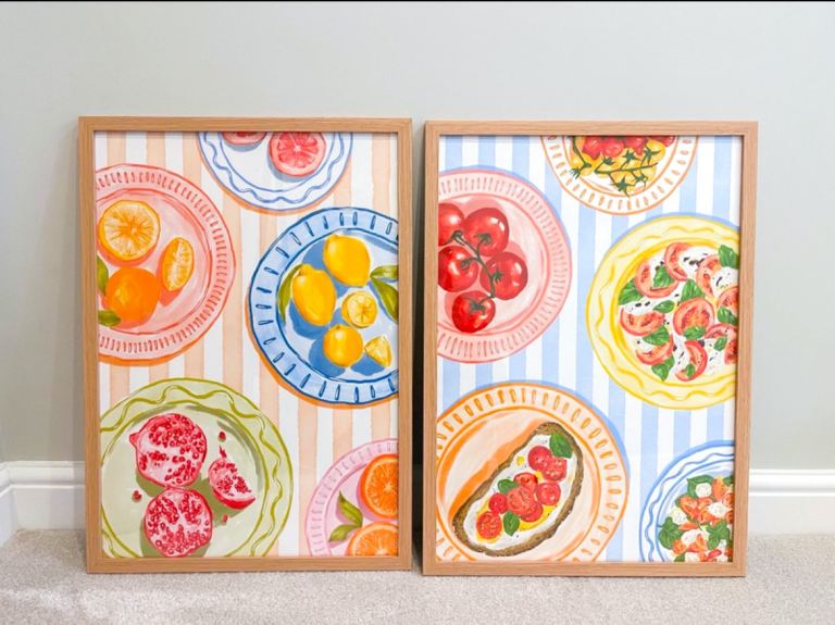 2x A2 Colourful Hand-Drawn Illustration Kitchen Prints (Prints ONLY) by Charlotte Godfree