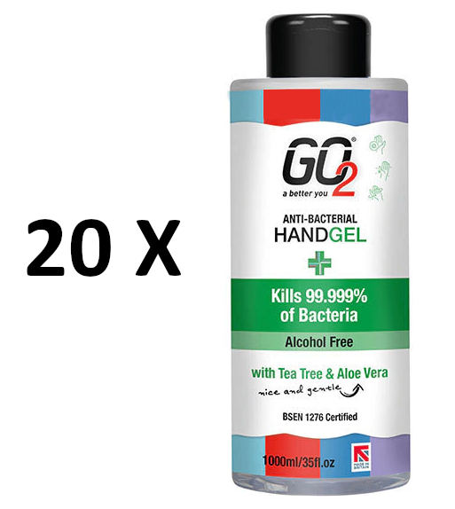 JOB LOT 20 x GO2 Hand Sanitiser Gels Antibacterial  ALCOHOL FREE - 1 LITRE each bottle