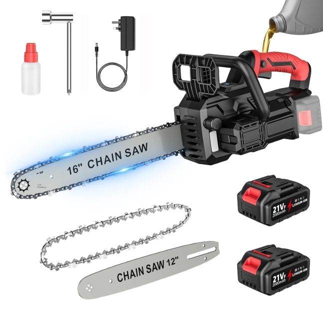 Brand new in box: 2-in-1 Cordless Chainsaw with 12 & 16 Inch Blades. 2 x 21V batteries & charger. 