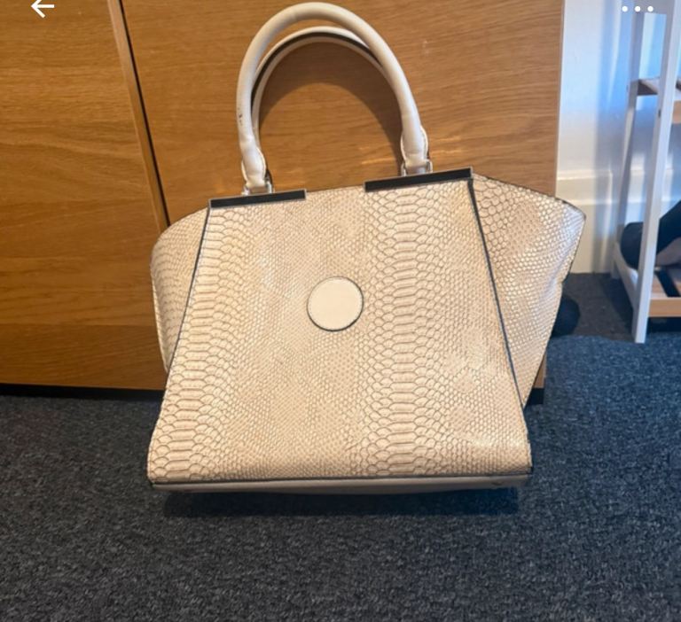 Cream Snake Print Handbag with Top Handles