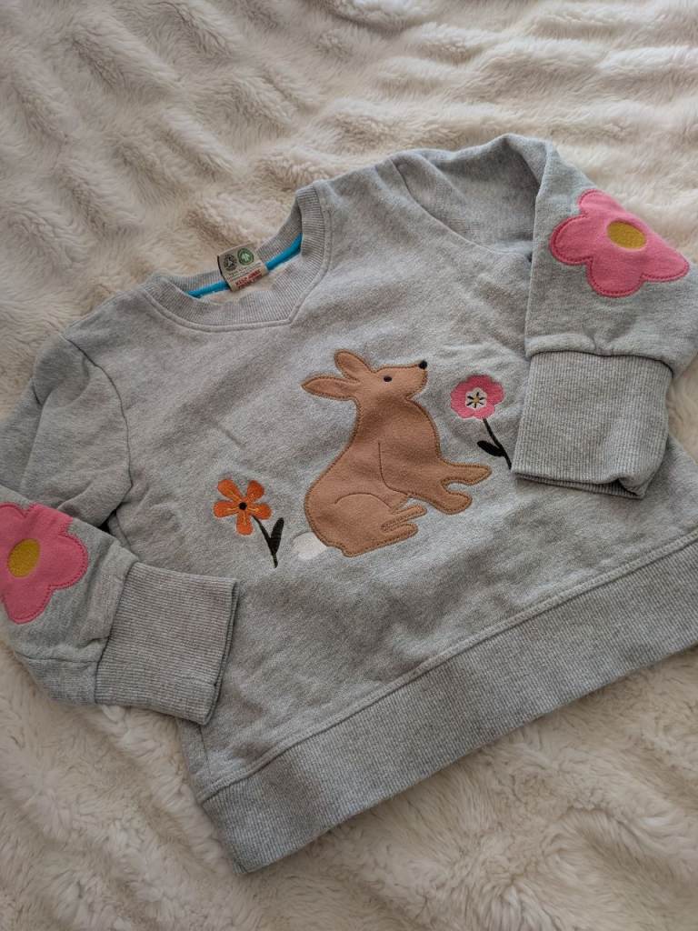 Frugi Organic Cotton Jumper 3-4 Years – Grey with Bunny & Flowers