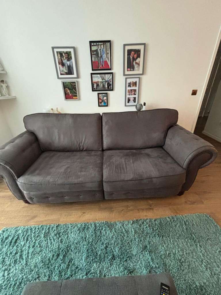 4 Seater Large Chesterfield Style Sofa in Dark Faux Suede Grey 
