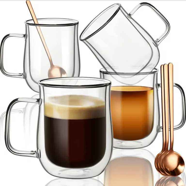 NEW Swanfort 4 Pack Double Walled Glass Coffee/ Tea Mugs Set with Spoons (125ml) IN BOX