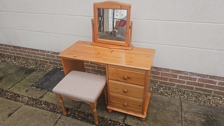 Solid pine dressing table with mirror and stool