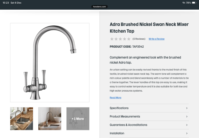 image for Howdens Adra Swan Neck Kitchen Tap Brushed Nickel
