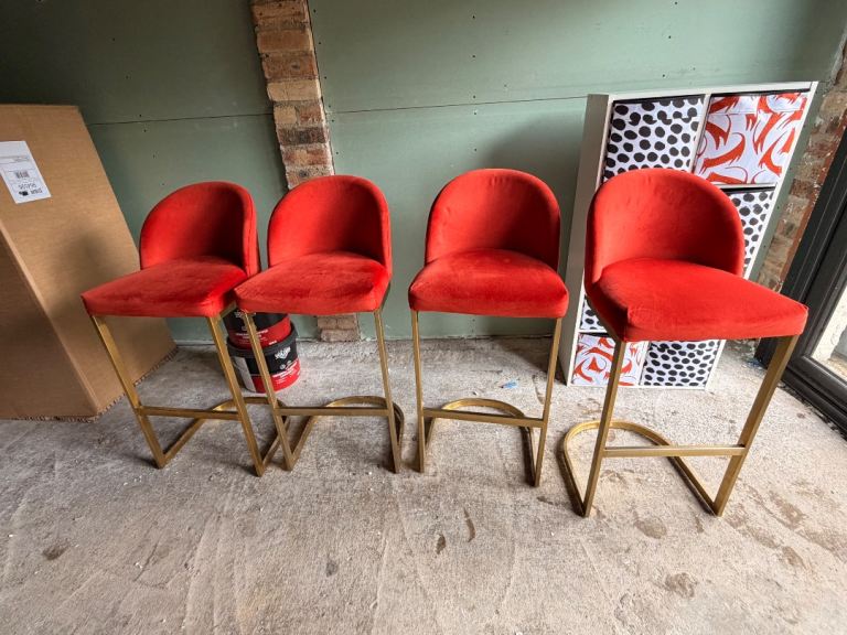 Set of 4 burnt orange velvet Bar Stools with brass Legs