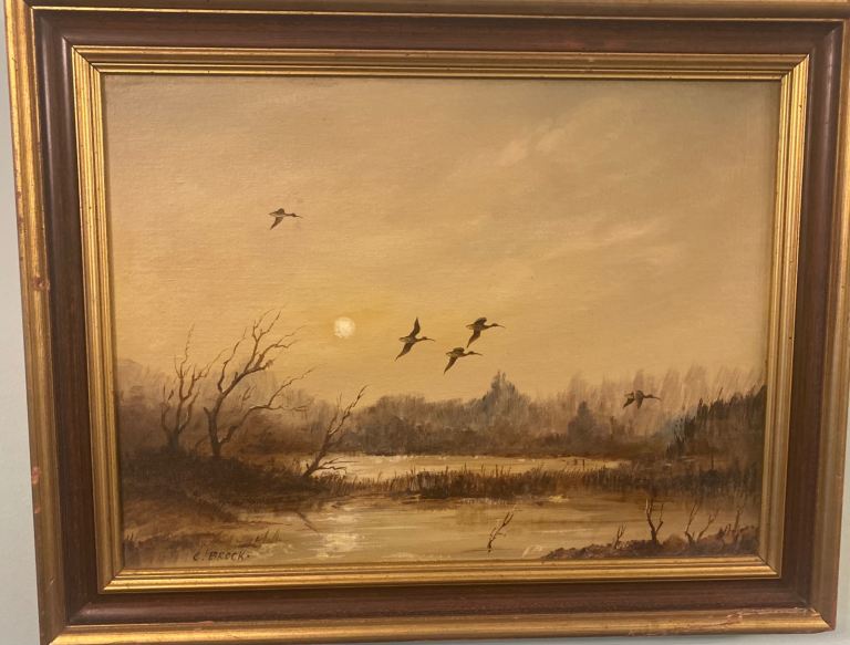 ORIGINAL PAINTING DUCKS / GEESE FLYING OVER A RIVER BY C BROCK IN FABULOUS GOLDEN FRAME