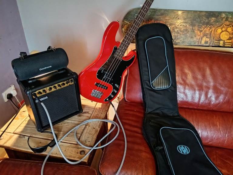 Red Shine Bass Guitar with Amp and Gig Bag