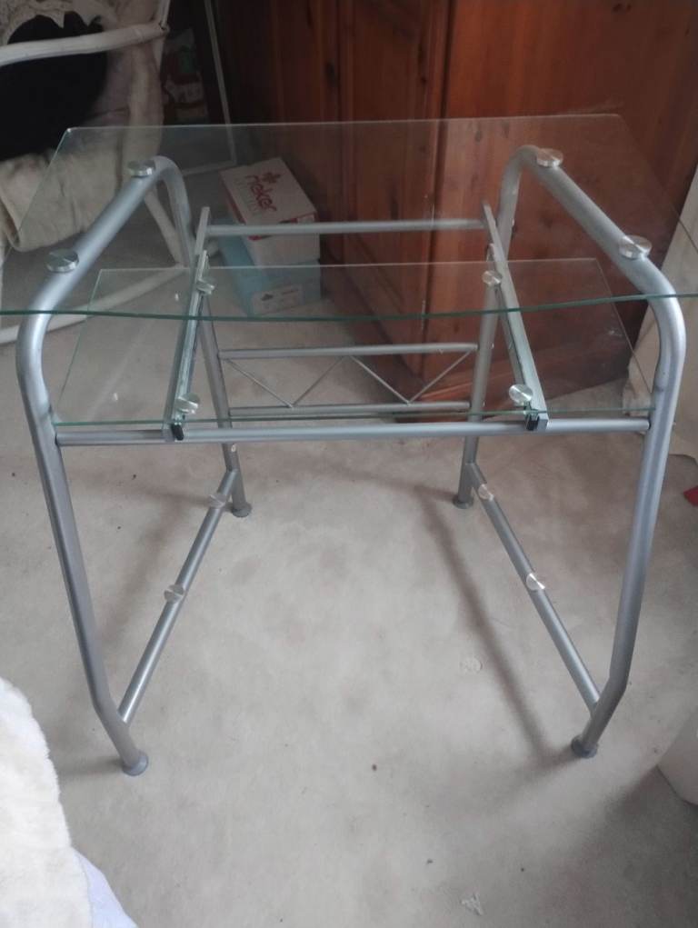 Glass and metal computer desk and box seat