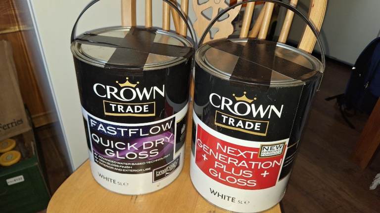 Crown Fast Flow Quick Dry Gloss, Crown Next Generation + Plus + , Dulux Trade Undercoat in dark grey