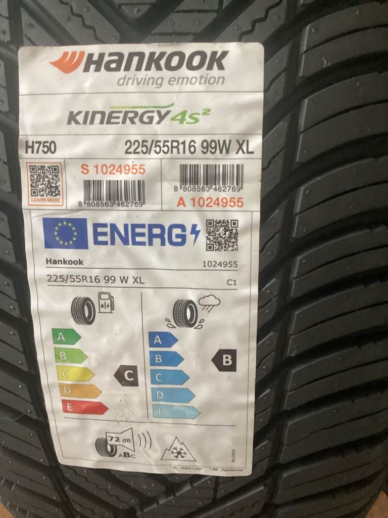 4 New Hankook Kinergy Tyres 225/55R16