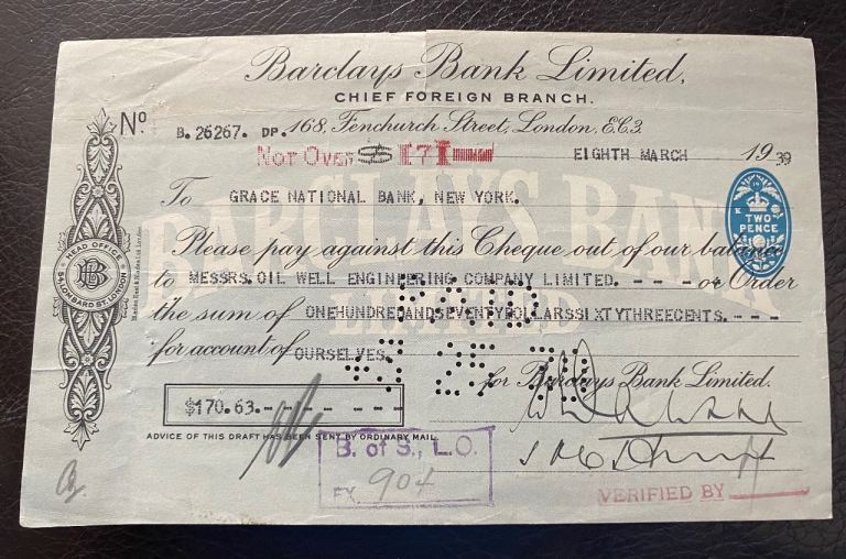 Vintage Barclays Bank Cheque 1939 – Collectible Document