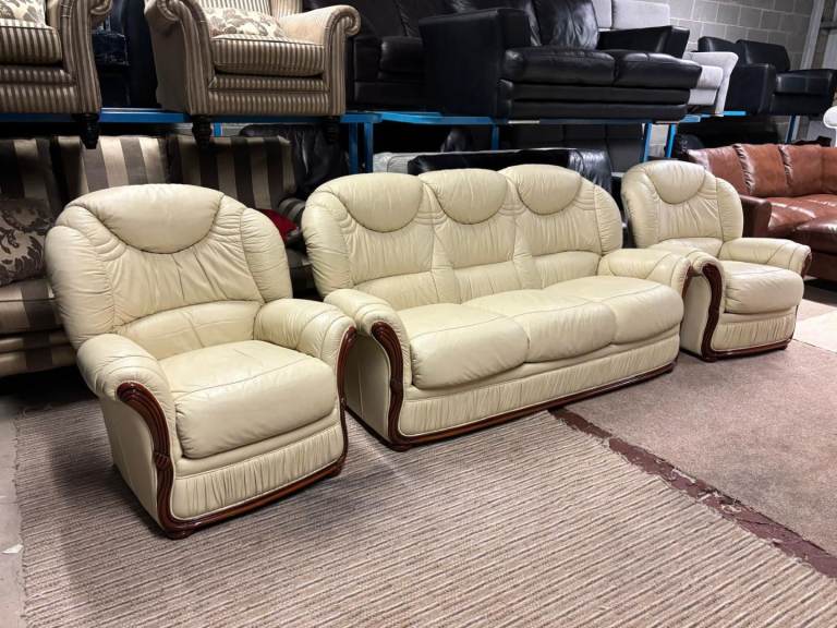 Cream Italian Leather 3 Seater Sofa and 2 Chairs 