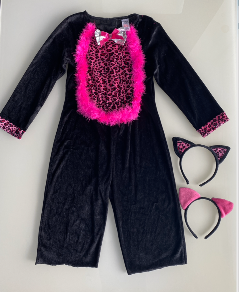 Kids Black & Pink Cat Fancy Dress Costume with x2 Headbands 7-8 years