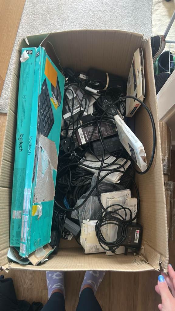 Mystery Boxes: HDMI, DP, USB, adapters, power cables, mouse pads and other assorted items 