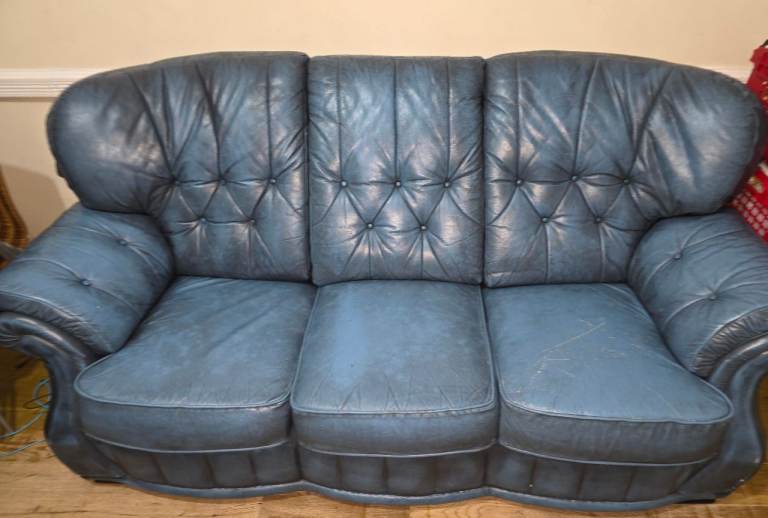 Blue Leather 3-Seater Sofa and Armchair Set – Good Condition
