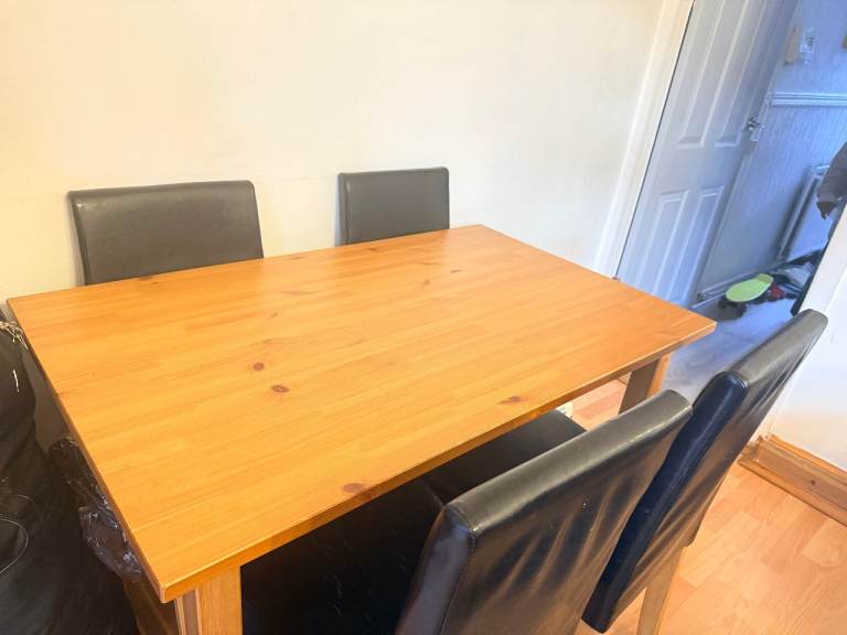 Wooden Dining Table with 4 Black Faux Leather Chairs