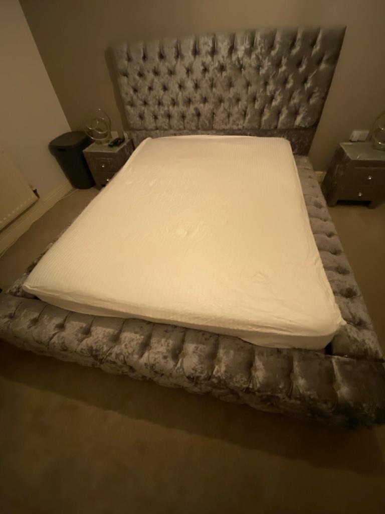 Ambassador King size silver crushed velvet bed frame and bedside cabinets x2