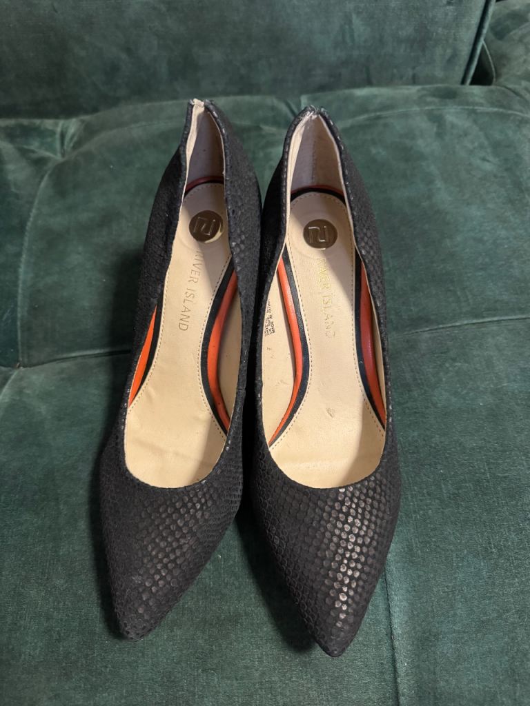River Island Black Snake Print Heels with Gold Detail, Size 5