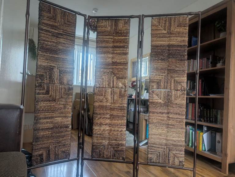 Room Divider / Privacy Screen – Woven Rattan & Metal Frame