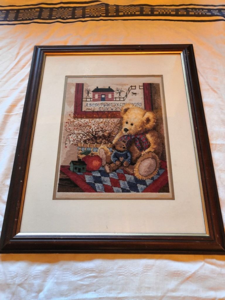 Vintage, Framed, Teddy Bear Theme Embroidered Sampler - Embroidery/Pictures
