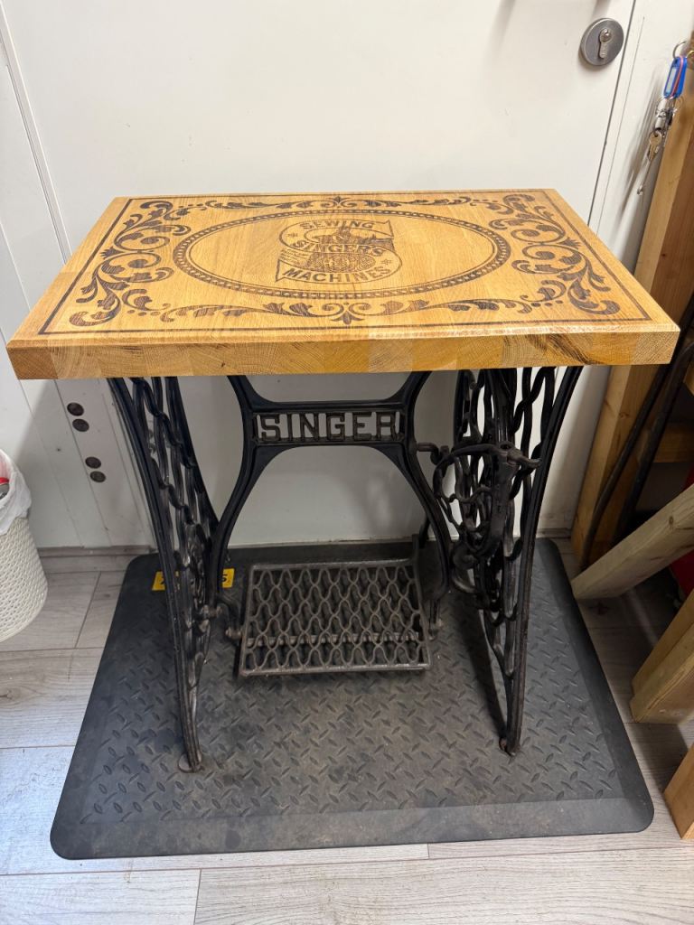 Singer cast iron sewing treddle antique table with custom oak top