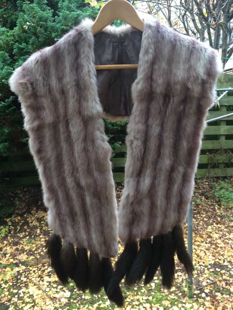 Beautiful Mauve and Cream Striped Fur Stole with brown tail finishing