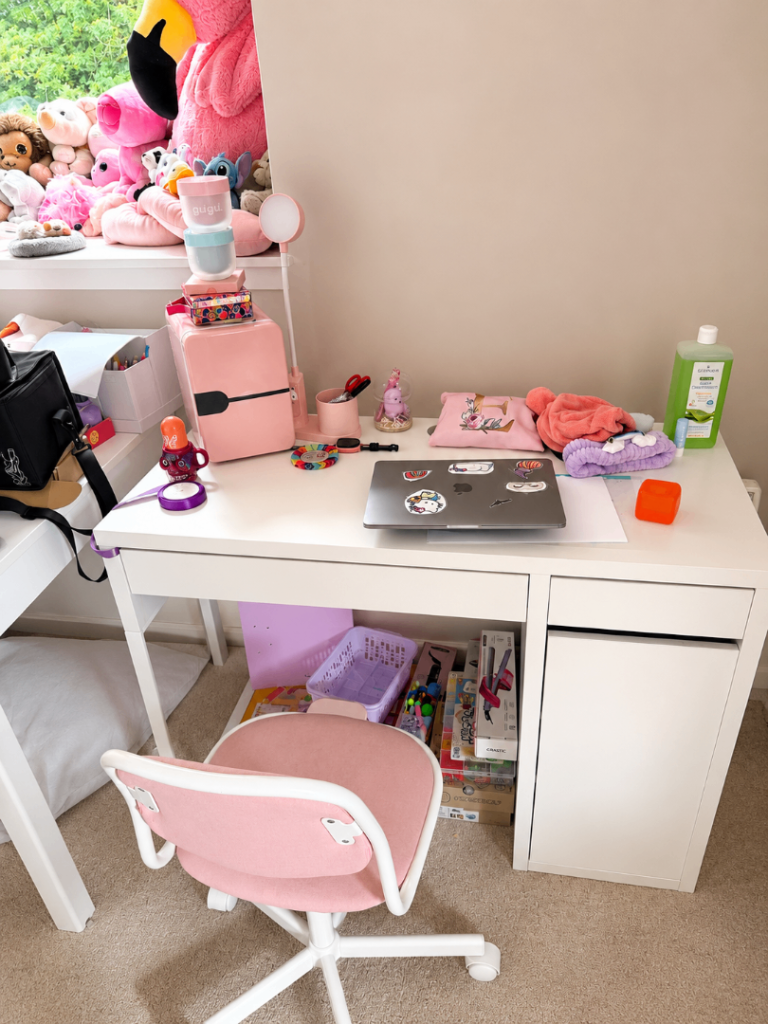White Study Desk and Pink Chair Set – Good Condition