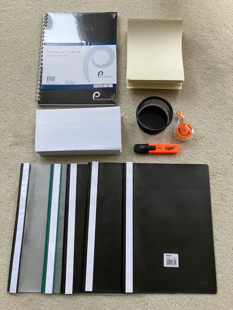 Stationery: A4 book/Envelopes/Highlighter/Metal pot/Writing Paper/Display folders/Correction Roller