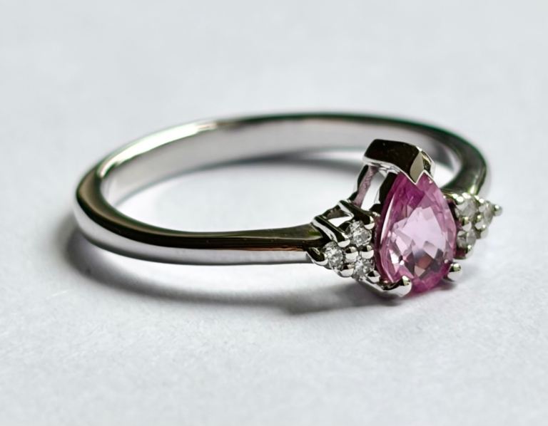 Pear Pink Sapphire & Diamond Ring 14ct White Gold Size K 1/2 Engagement Ring