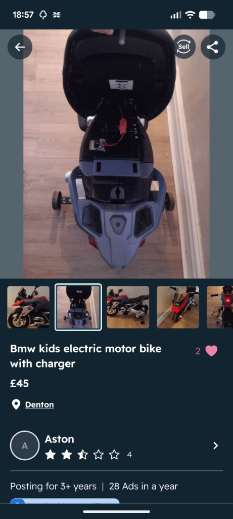 Kids BMW Electric Motorbike with Charger – Multicoloured, Good Condition
