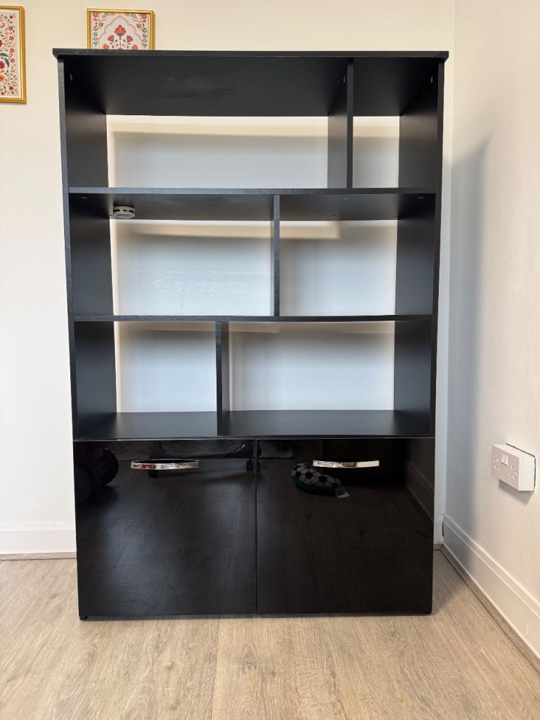 Black Wooden Bookcase with Storage Cupboards – Good Condition