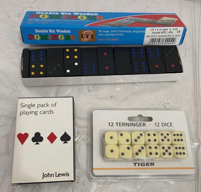 DOMINOES WITH COLORED DOTS IN BOX with Dice 🎲 & PLAYING CARDS