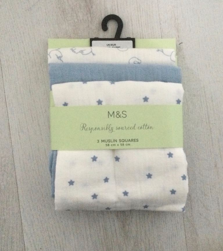 M & S Marks and Spencer 3 Muslin Squares baby pale blue white elephants NEW 