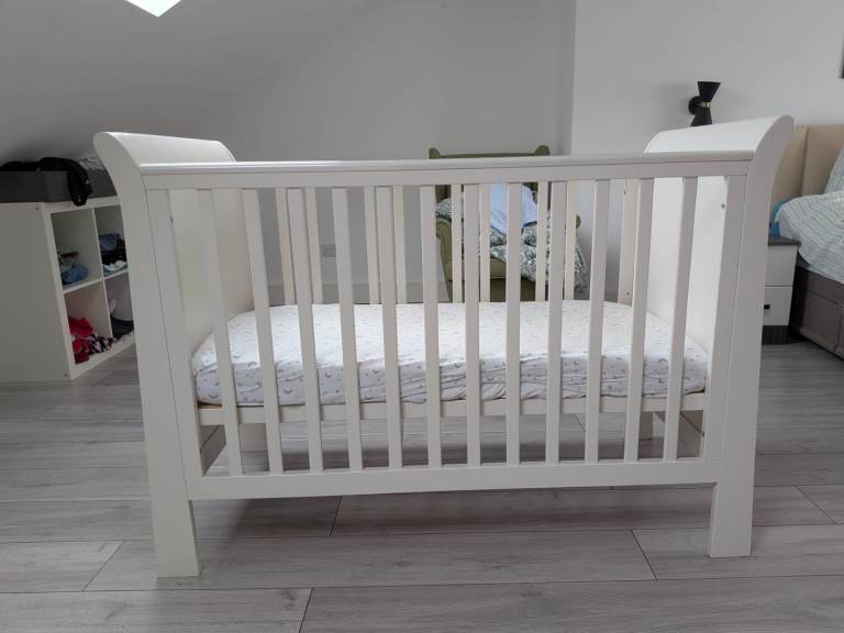 White Wooden Baby Cot Bed with Mattress