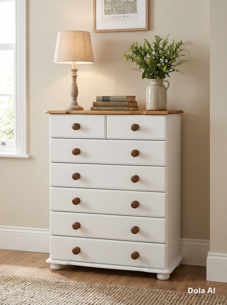 Beautiful White & Wood-Top Chest of Drawers – Stylish & Spacious Storage!
