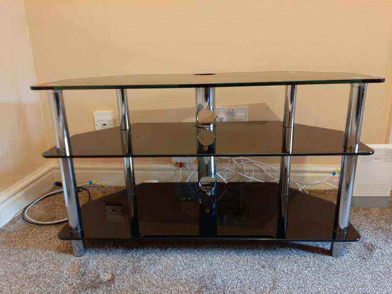 Black Glass TV Stand with Chrome Legs – Good Condition