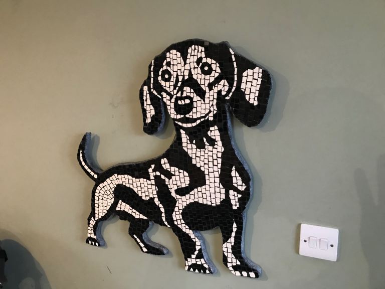 Dachshund(sausage dog) black and white tile mosaic wall hanging art indoor and outdoor decor